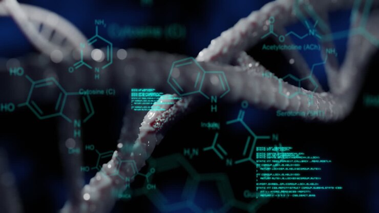 Data processing over chemical and dna structure against blue background