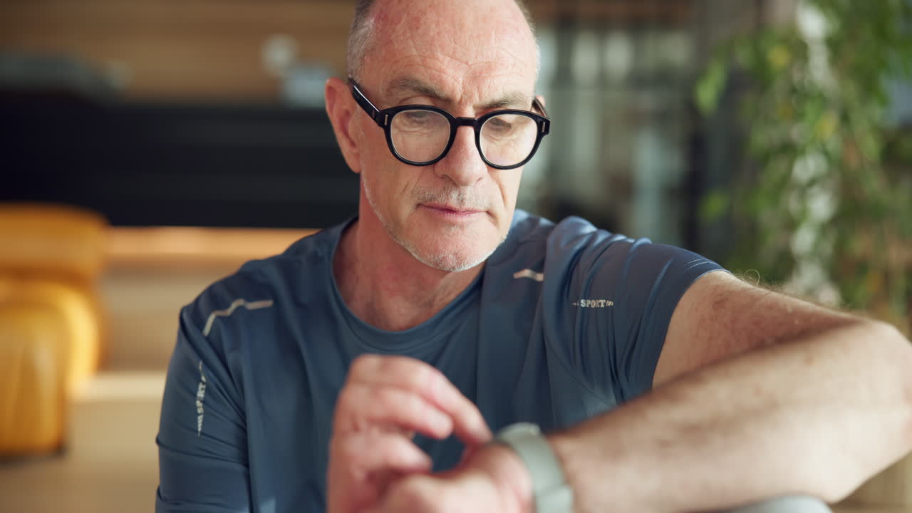 Senior Man Checking Fitness Data on Smartwatch at Home