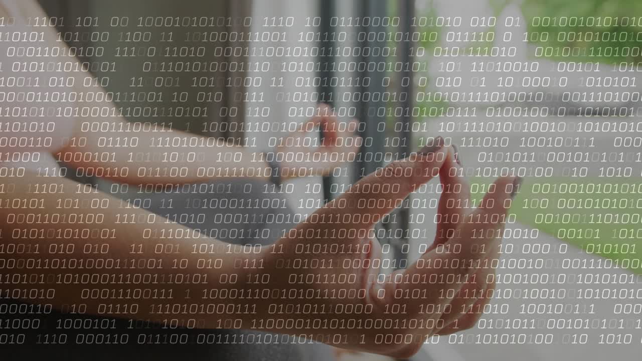 명상 무드라 자세로 손을 들고 있는 여성, 웰빙 데모를 위해 이진 코드 오버레이를 활성화하고 있어요