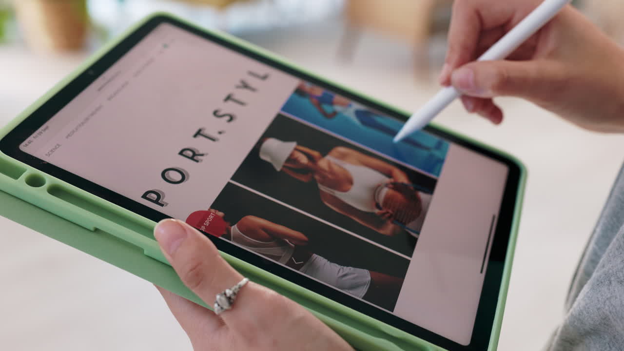 Hands, web designer and tablet for fashion