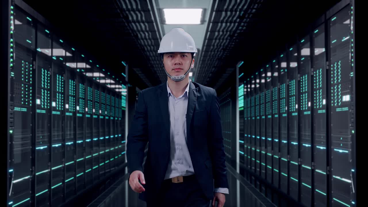 Front View of Asian Businessman Walking in Server Room Data Center