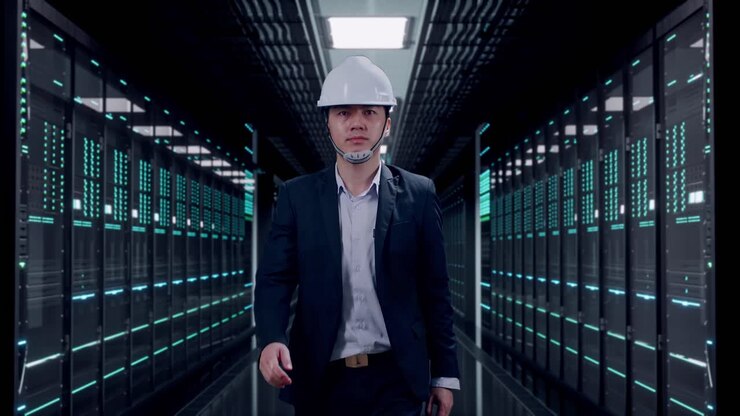 Forfra af asiatisk forretningsmand, der går i et datacenter.