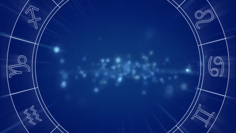 animation of spinning star sign wheel with flickering spots of light on blue background