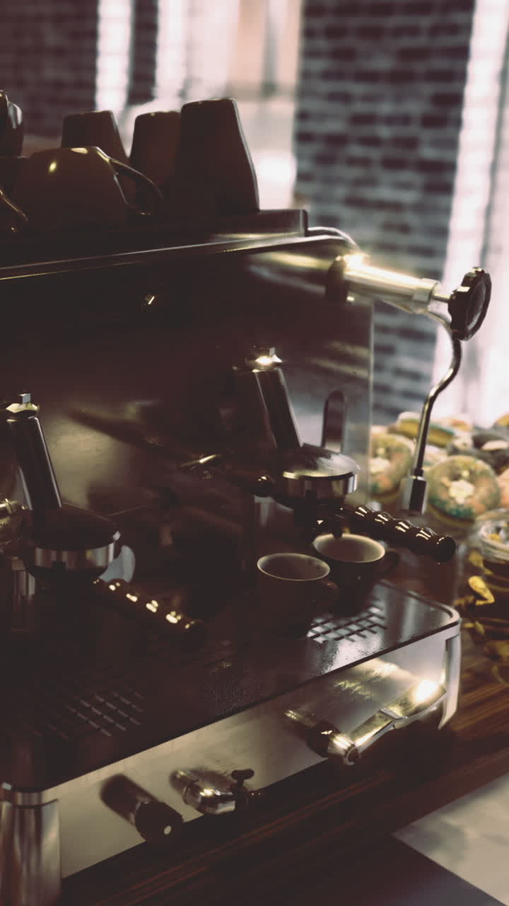 Macchina da caffè in un caffè affollato con prodotti da forno in esposizione durante l'ora di punta mattutina.