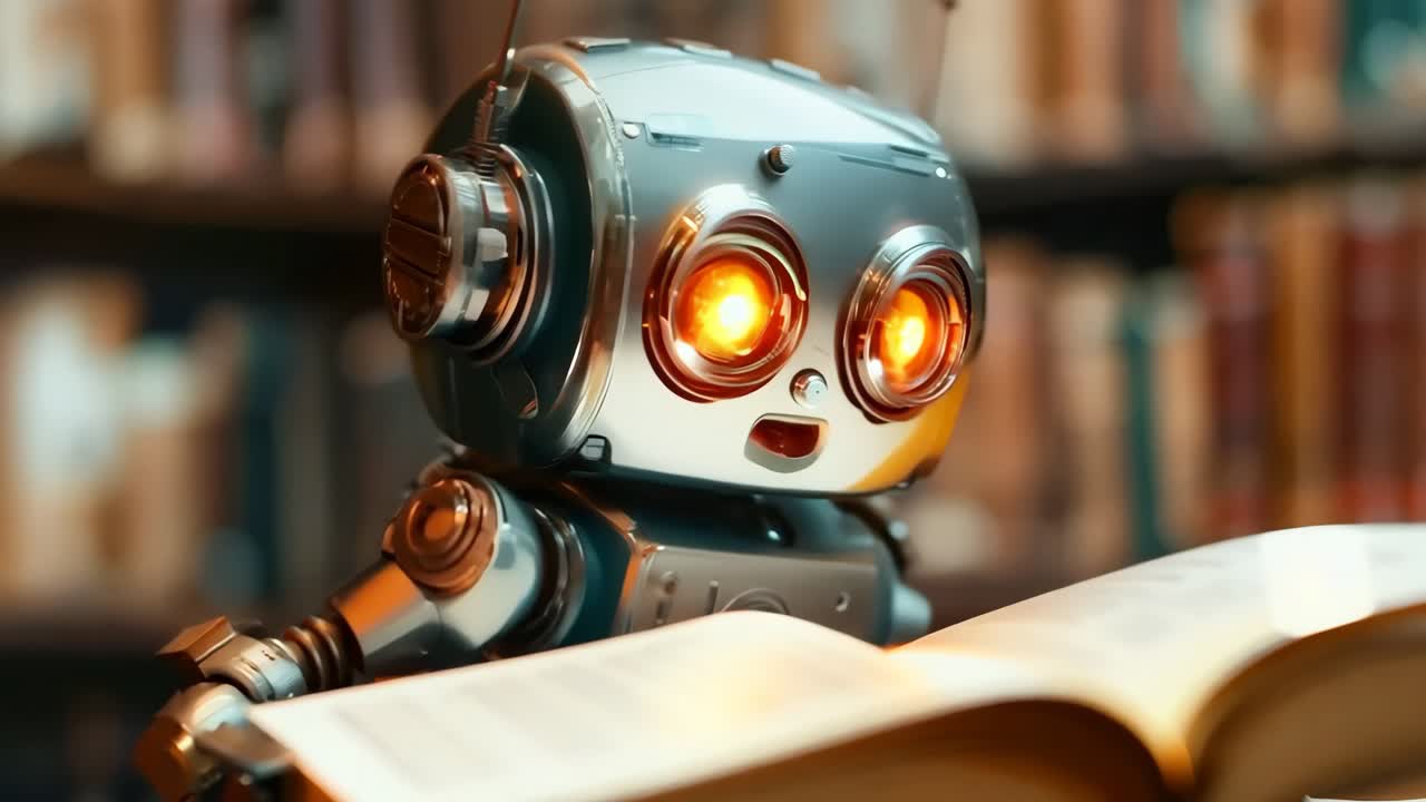 Un robot seduto su un tavolo accanto a un libro