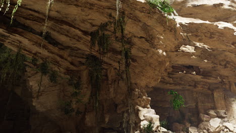 majestic cave interior with lush greenery and rocky formations