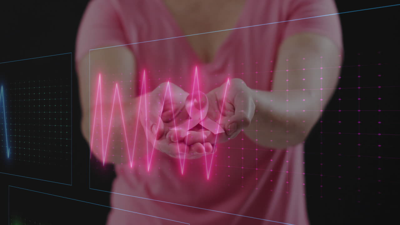 Hands holding glowing pink waveform animation, representing digital data interaction