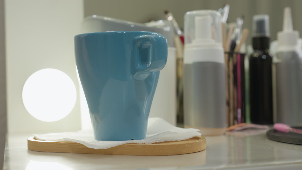 Blue ceramic cup placed on wooden tray with tissue on glossy salon table beside glowing light bulb, surrounded by blurred hairdressing tools and products in soft, ambient lighting environment