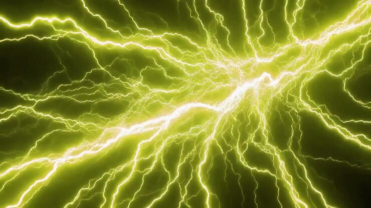 Fulmini elettrici giallo brillante su sfondo scuro