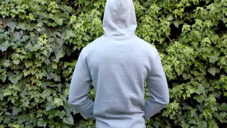 vista trasera de un hombre afroamericano con capucha gris con sudadera en el jardín, espacio de copia, cámara lenta