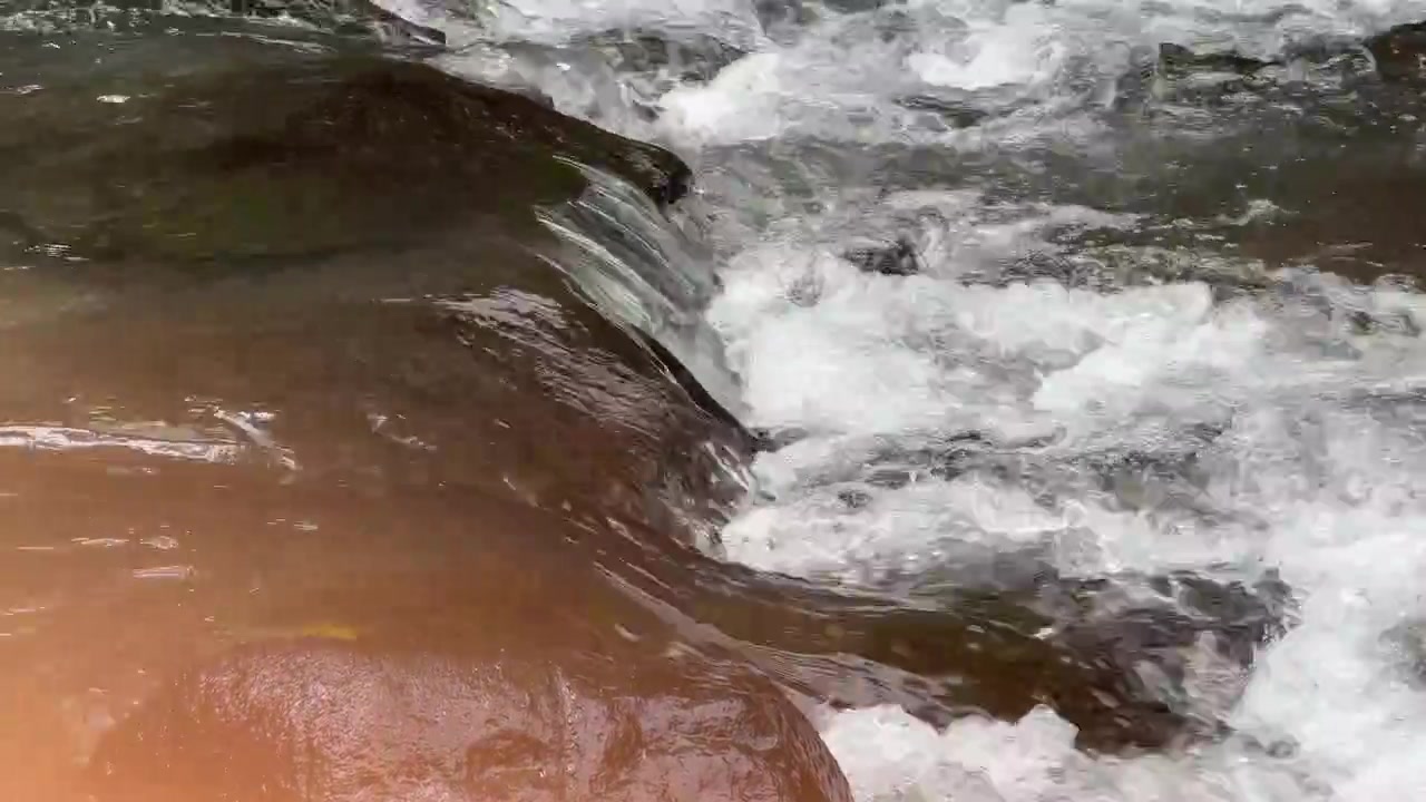 Acqua limpida che scorre su rocce scure in un ruscello di montagna