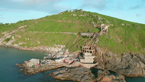 Aerial-Drone-Fly-Above-Deck-Dos-Pescadores,-Arraial-do-Cabo-Sea,-Brazil,-Rio-de-Janeiro-Rounded-Hills-Landscape,-Panoramic