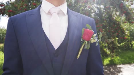 groom close up of red rose flower accessory with sun and trees in background