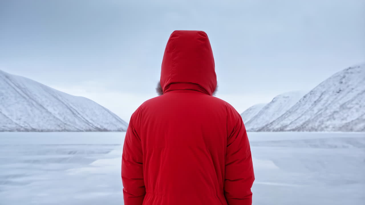 Person in Red Winter Coat Gazing at a Frozen Lake and Snowy Mountains