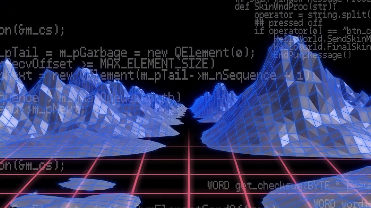 Animation of data processing over mountains and dark background