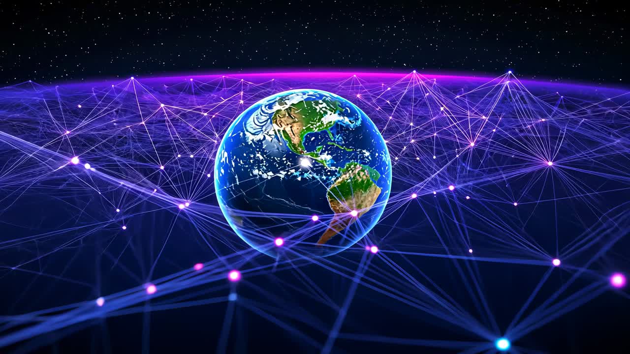 Opening sequence revealing 3D Earth globe spinning in virtual network grid, glowing nodes