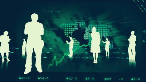 silhouettes of business people against stock market graphics