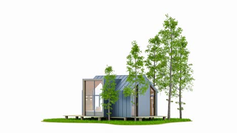 the concept of eco-friendly housing, a small tiny house on a green lawn with a revolving wind generator in the back. seamless loop 3d render animation on white background.