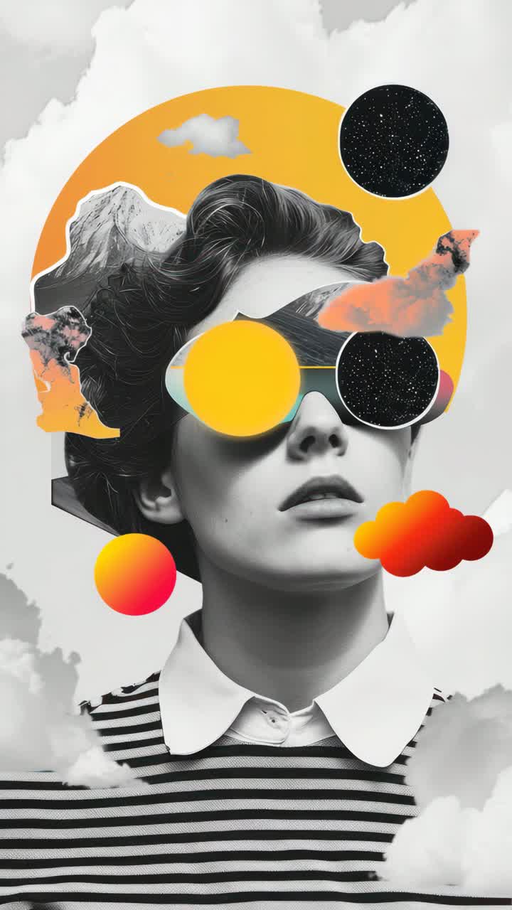 Surreal video concept with a low-angle shot of a woman in a striped shirt, surrounded by vibrant