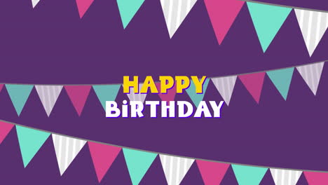animación digital del texto de feliz cumpleaños contra las decoraciones de la bandera sobre fondo púrpura