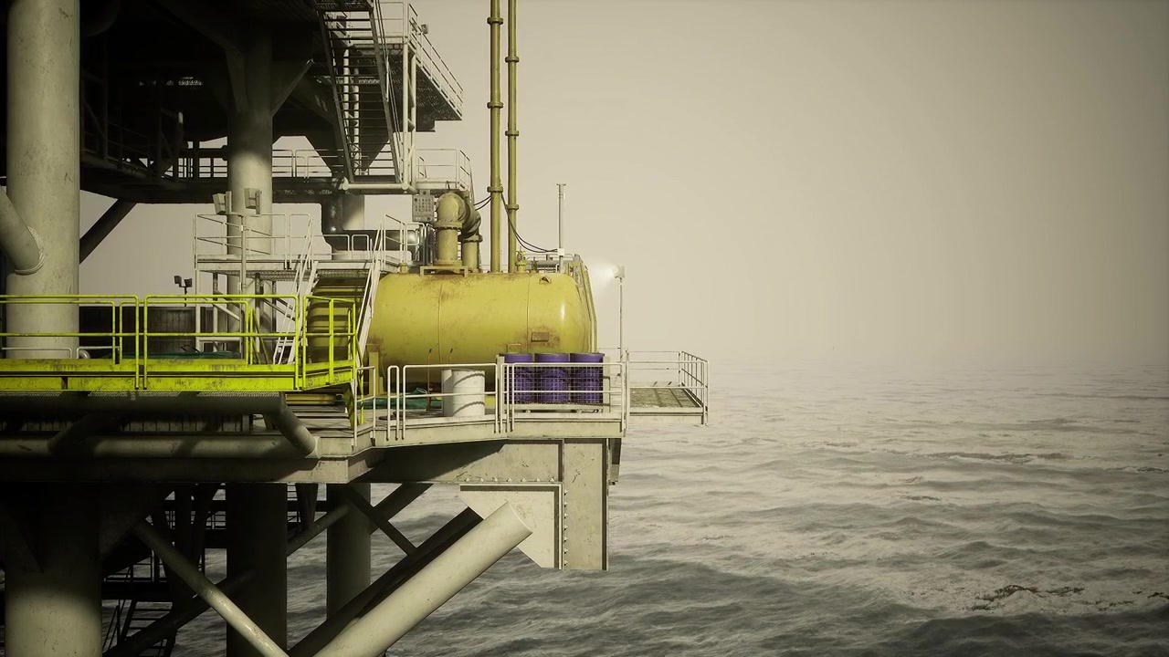 Olieboreplatform i silhuet ved daggry med roligt vand og diskret belysning