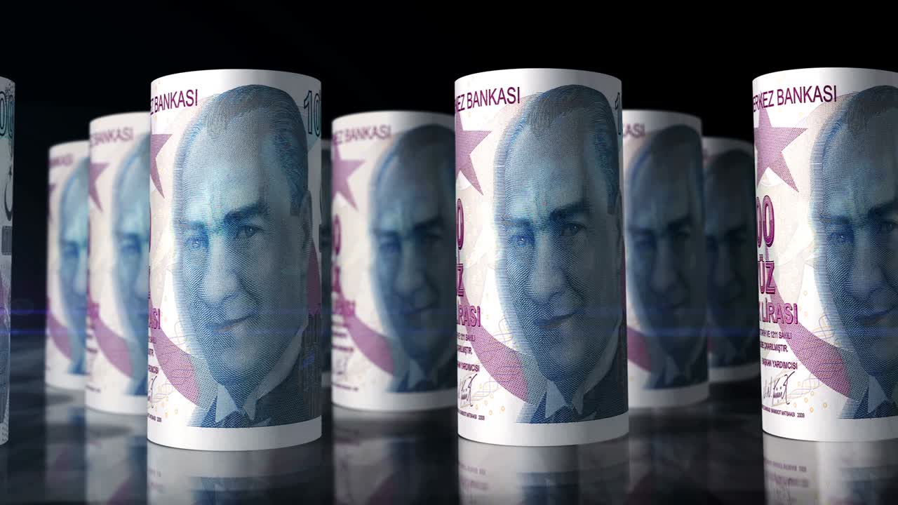 Turkish lira money banknotes rolls seamless loop
