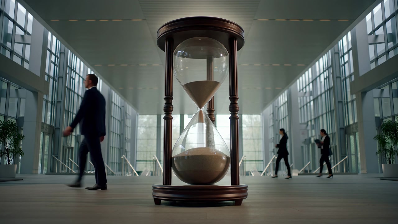 Blurred business people walk through spacious glass atrium around oversized hourglass, adding motion, deadline symbolism, professional pace, bright daylight, polished floor reflections, and balanced