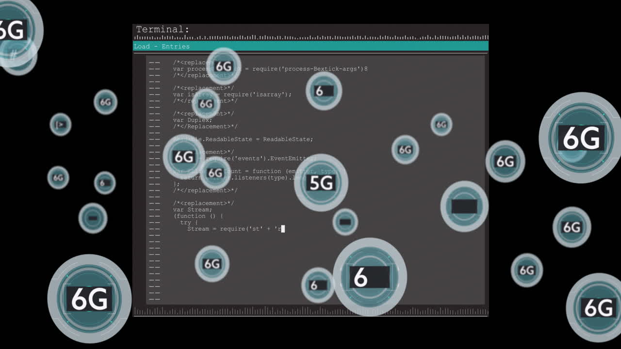 6G technology animation over computer code in terminal window