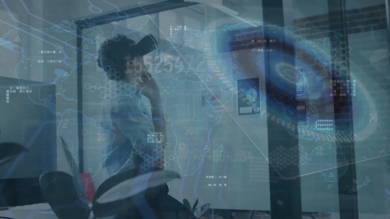 은 모양과 지도의 애니메이션과 데이터 처리가 카우카스 사업가 vr 헤드을 사용하여