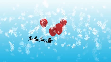 animation of snowflakes over santa claus in sleigh being pulled by reindeers against red balloons