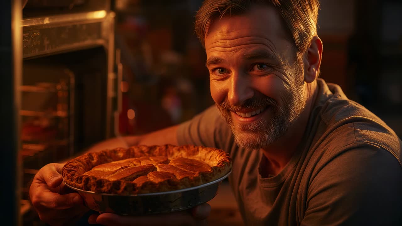 Man in grey tee kneeling by oven after door-opening pulling pie checking crust, showing to camera