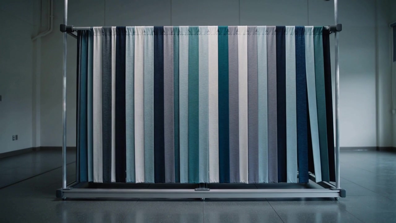 Sliding striped fabric panel starting to pull right on metal rail in studio, exposing darker panel