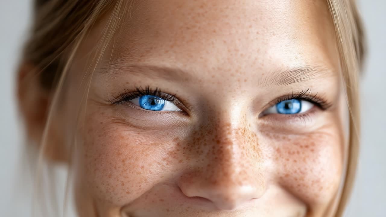A Captivating Close-Up of a Young Girl with Freckles and Striking Blue Eyes, Radiating Joy and Happiness, Showcasing Natural Beauty and Innocence