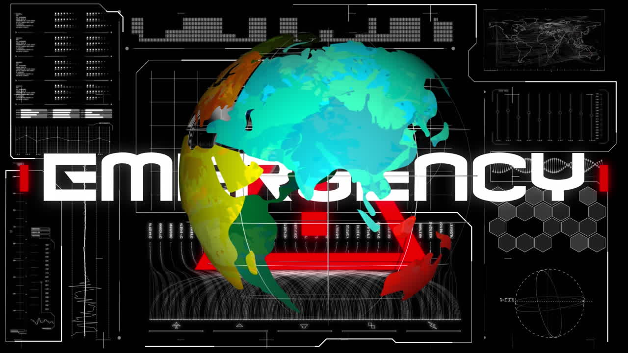 Animation of text, emergency with red triangle and globe rotating over data processing on interface