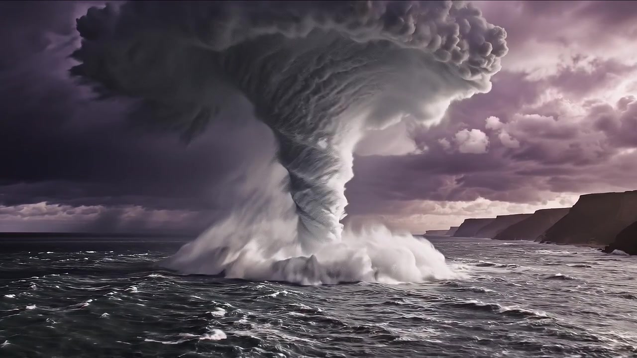 Drammatica e imponente tromba marina su un oceano scuro