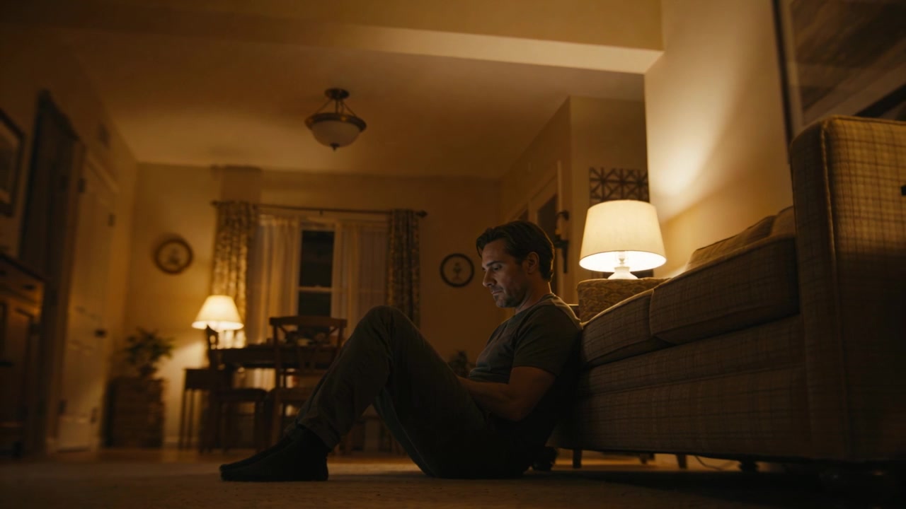 Glancing man in short-sleeve tee holding glowing device while leaning on sofa in living room, lamp
