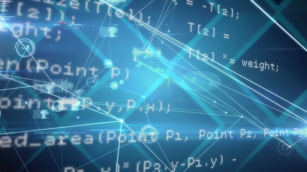 Animation of information and data moving with net of connections with graphs floating