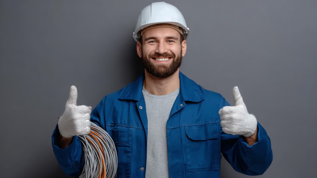 A confident and skilled worker in a blue jacket and white hard hat proudly displays a thumbs-up gesture while holding electrical wiring, showcasing expertise in construction