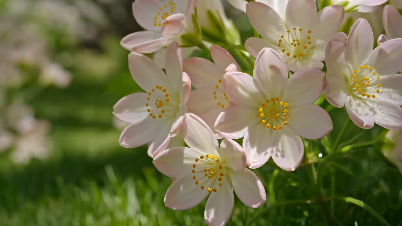 Primo piano di delicati fiori rosa con gocce di rugiada alla luce del sole