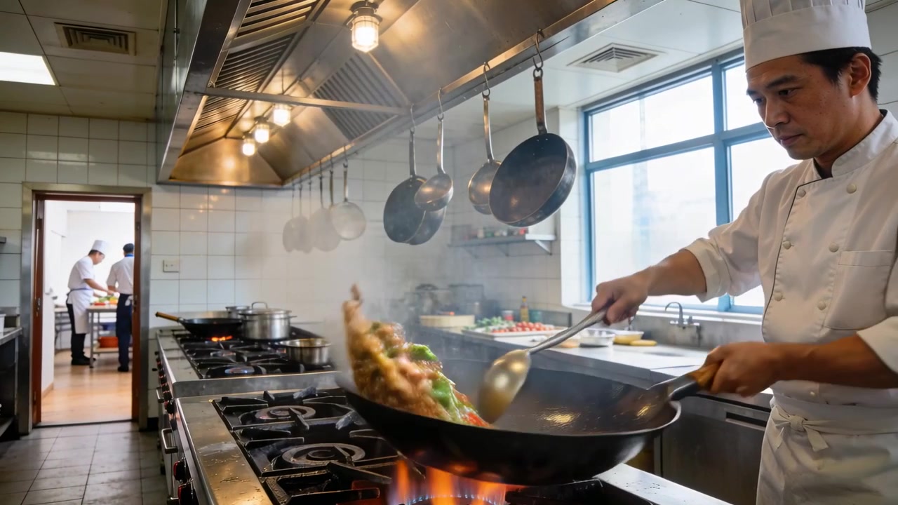 Chef mexendo com jaqueta, jogando vegetais com concha sobre wok para empratar enquanto a chama sobe na cozinha