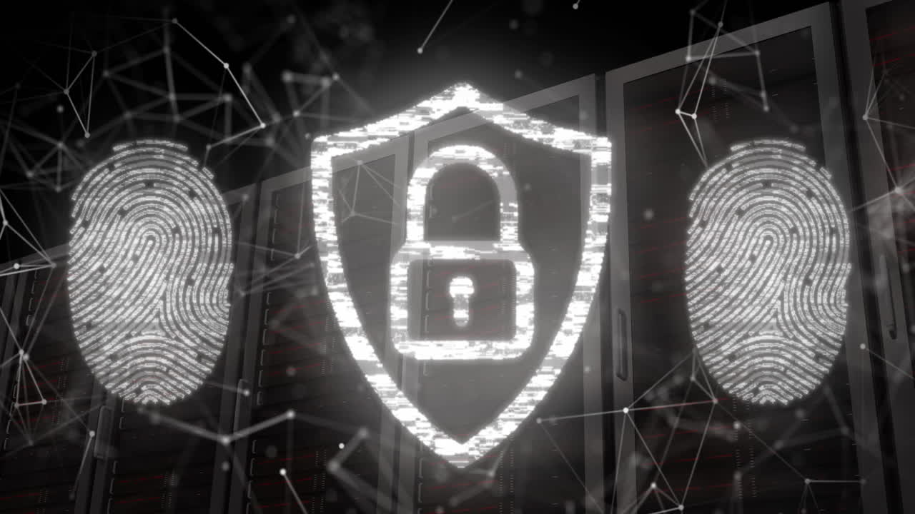 анимация отпечатков пальцев и замка в щите над соединенными точками против серверных стоек