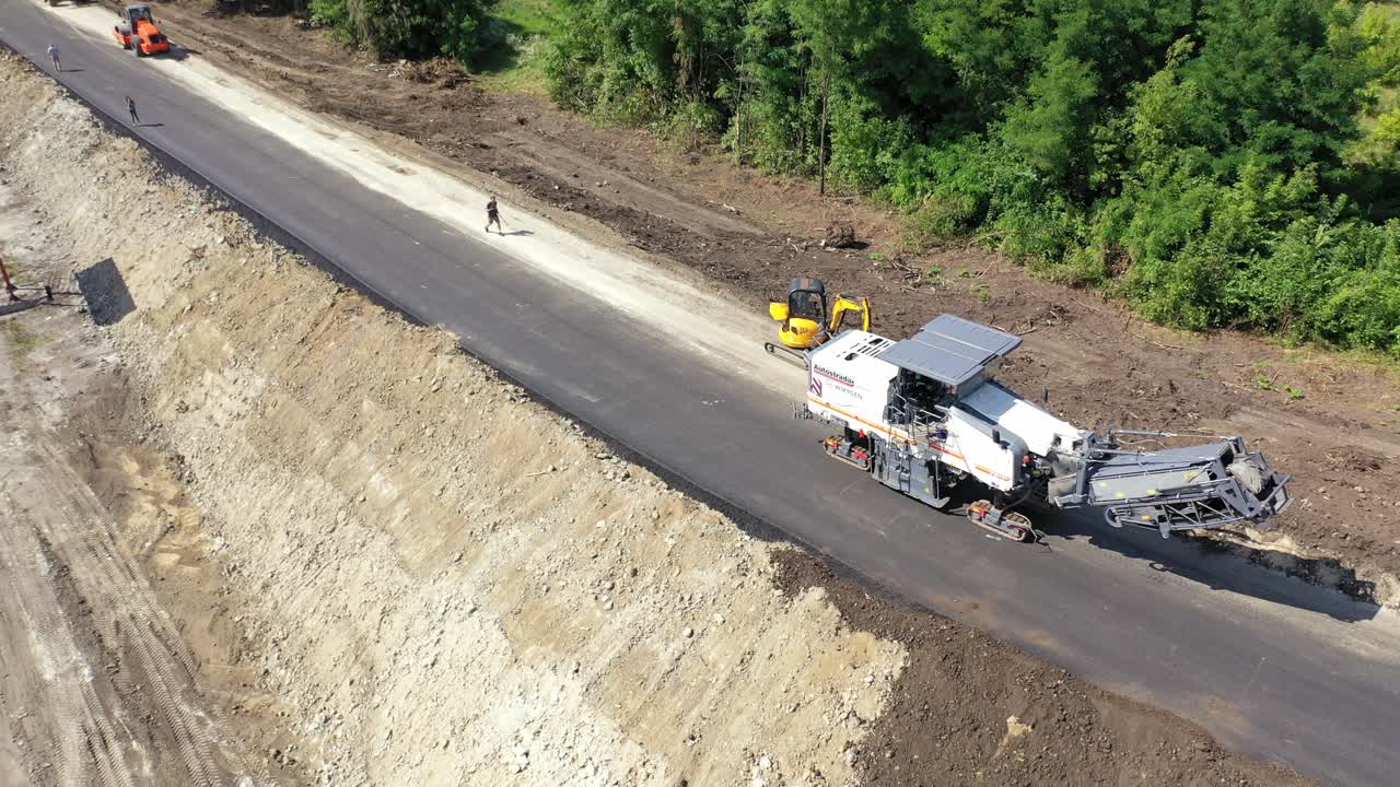 Aerial shot of road construction. Aerial view of asphalting machines during highway construction