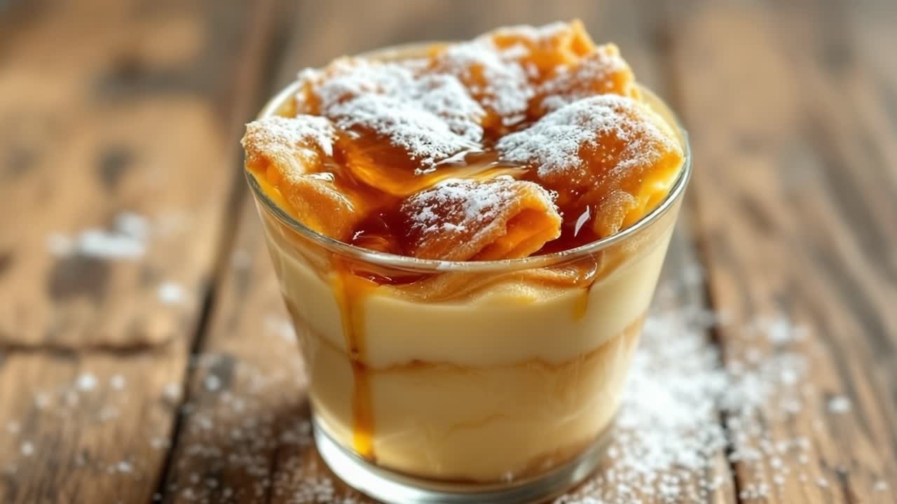 A delicious dessert presented in a clear glass, featuring creamy layers topped with caramel drizzle and a dusting of powdered sugar, set against a rustic wooden background, inviting indulgence