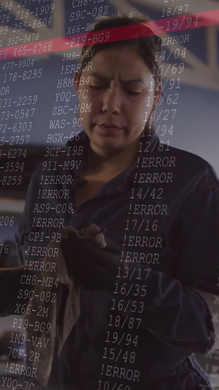 Vertical video: Mechanic while inspecting clip in garage, overlay with ERROR readout guiding repair