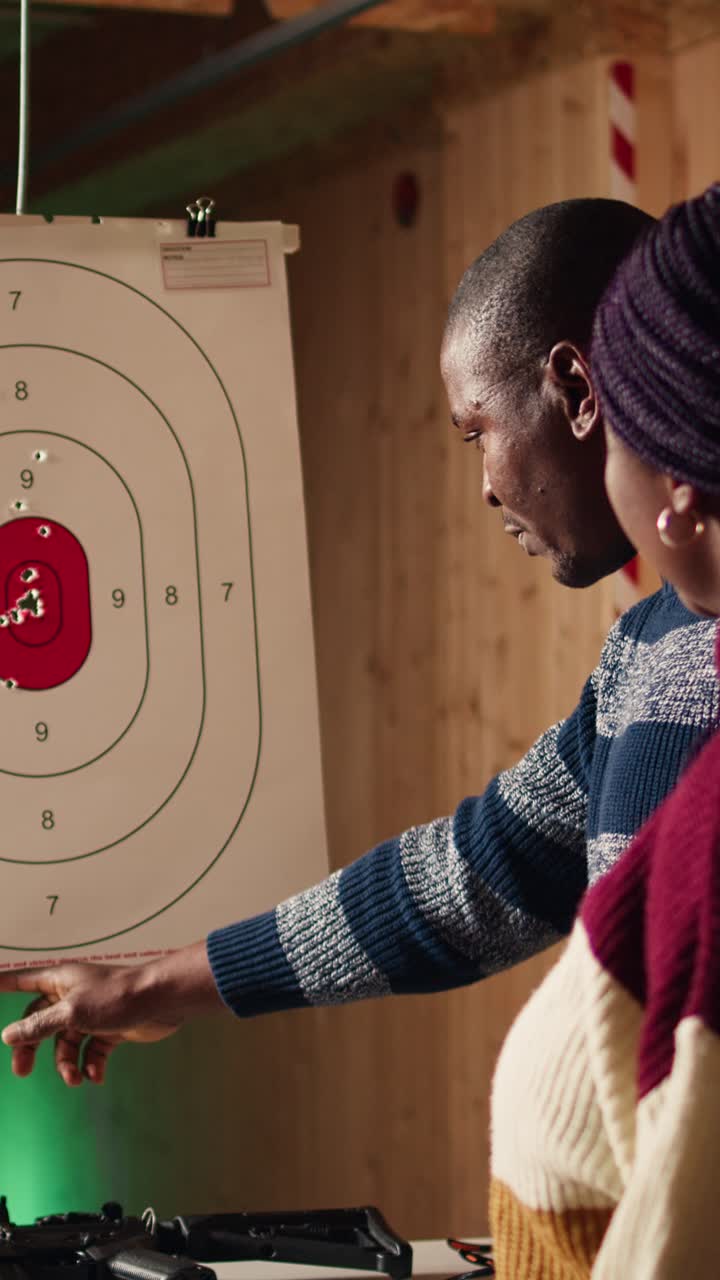 Vertical video Shooting gallery instructor explaining bullseye scoring system to customers