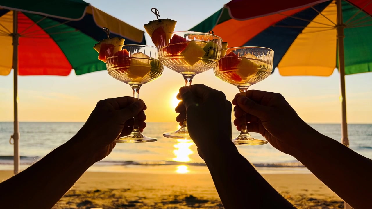 Sollevare tre coppe da champagne mentre il sole si allinea, braccia nude di amici che brindano in spiaggia sotto gli ombrelloni.
