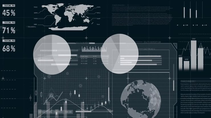 Animation of infographic interface over multiple graphs, globes and loading bars and circles