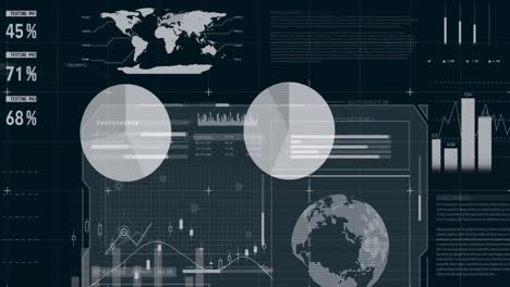 Animation-of-infographic-interface-over-multiple-graphs,-globes-and-loading-bars-and-circles