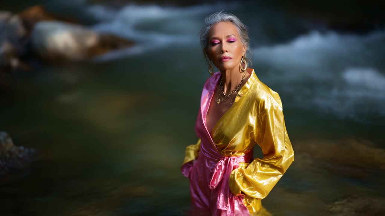 Una donna elegante in vivaci vesti di seta si erge con sicurezza in un fiume tranquillo, incorniciata dalla luce soffusa del sole e dall'acqua che scorre dolcemente, irradiando eleganza e compostezza