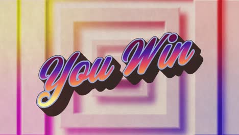 animation of you win text in colourful letters over concentric squares on beige background